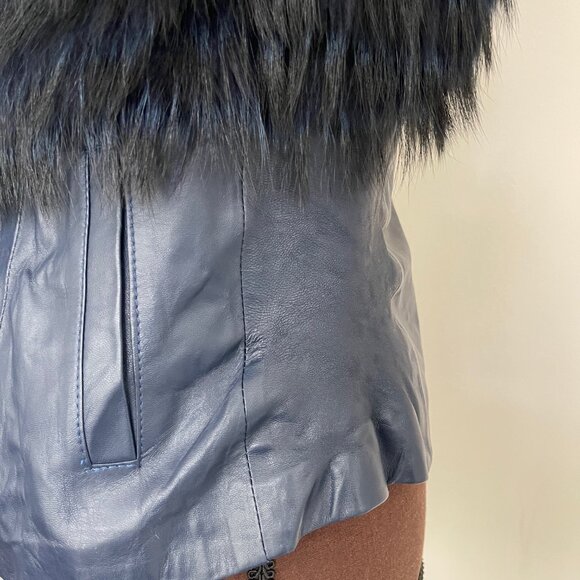 NWOT Leather Vest Navy Blue Real Fox Fur XS size - Picture 6 of 16